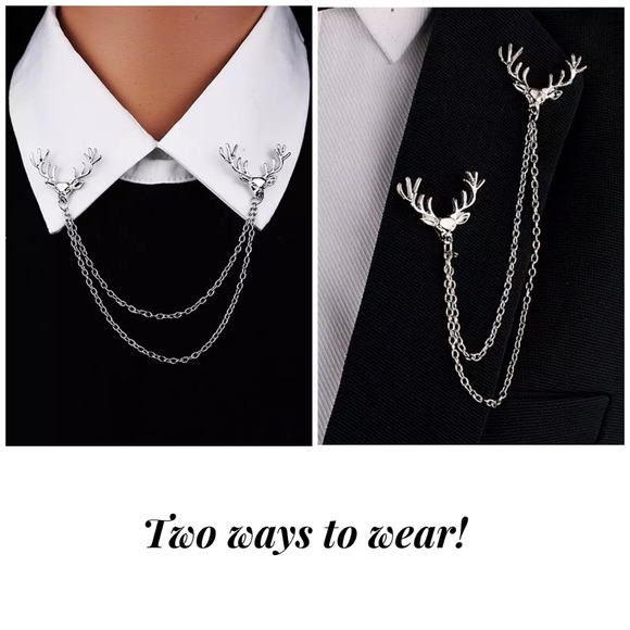Retro Double Chain Deer Head Collar Lapel Pin - Picture 3 of 16